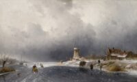 Charles Leickert: Bevroren vaart met molen op de achtergrond