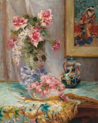 Alexander Tielens: Bloemen in een glazen vaas met op de achtergrond een Japanse prent