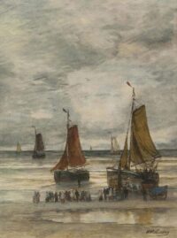 Hendrik Willem Mesdag: Bomschuiten en vissersvolk op het strand