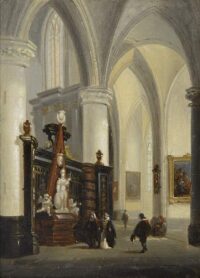 Johannes Bosboom: Kerkinterieur met figuren bij een grafmonument