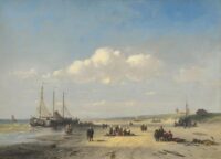 Charles Leickert: Bomschuiten en vissers op het strand van Scheveningen