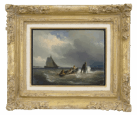 Cornelis Springer: Figuren in een roeiboot op woelig water (in lijst)