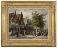 Cornelis Springer: Gezicht op de markttentoonstelling Voedingsmiddelen in Amsterdam (in lijst)
