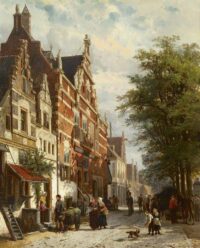 Cornelis Springer: De Kaasmarkt in Enkhuizen met de Waag, bij zomer