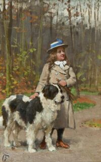 Otto Eerelman: Jong meisje met zwart-witte Sint Bernard hond in een park