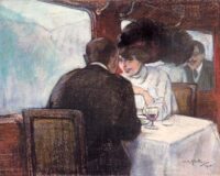 Willy Sluiter: Elegant paar dinerend in een treincoupé