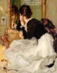 Fernand Toussaint: Elegante dame zittend voor de spiegel