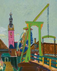Jan Wiegers: Figuren op de Kwakelbrug met zicht op de Speeltoren te Edam