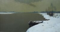 Chris Soer: Gemeerde schuit in een vaart in een besneeuwd landschap