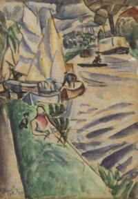 Leo Gestel: Zomers riviergezicht met zeilboten en visser