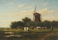 Jan van Lokhorst: Grazende koeien rondom een molen