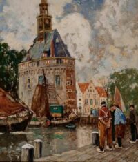 Henry Cassiers: Vissers in de haven van Hoorn bij de hoofdtoren
