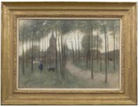 Arina Hugenholtz: De Brink te Laren met op de achtergrond de Johannes kerk (in lijst)