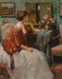 Fernand Toussaint: Interieur met dame kijkend in de spiegel
