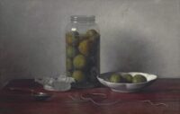 Johannes Hendrik Eversen: Stilleven met groene walnoten in een glazen vaas