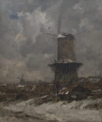 Jacob Maris: Stellingmolen in een besneeuwd landschap