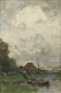 Jacob Maris: Man met roeiboot in landschap
