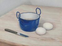 Jan Boon: Stilleven met eieren, mes en blauw emaille pannetje