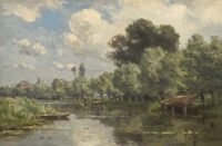 Jan Willem van Borselen: Rivierlandschap met boothuisje