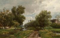 Jan Willem van Borselen: Zomers landschap met figuren langs een vaart