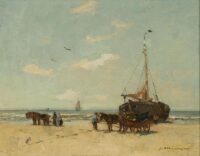 Johannes Evert Hendrik Akkeringa: Strandgezicht met figuren, paarden en een bomschuit