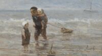 Jozef Israëls: Kinderen met een speelgoedbootje op het strand in ondiep water