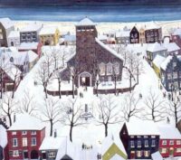 Claude Nanreff: Kerkgang in de winter met vele figuren