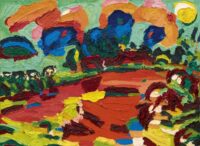 Koos van Bruggen: Expressionistisch landschap met koeien bij een boerderij
