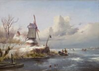 Frederik Marinus Kruseman: Winterlandschap met schaatsers op een bevroren vaart
