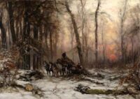 Louis Apol: Hout laden in een winters bos met ondergaande zon
