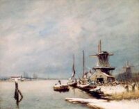 Louis Apol: Winters rivierlandschap met molens
