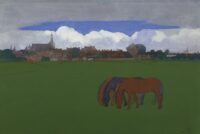 Jan Voerman sr: Paarden in een weiland met Hattem op de achtergrond
