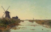 Paul Gabriël: Hollands polderlandschap met een wetering, een Zuid-Hollandse watermolen en een wipwatermolen