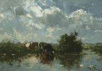 Willem Roelofs: Polderlandschap met drinkende koeien