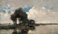 Cornelis Vreedenburgh: Polderlandschap met koeien en afgemeerde praam
