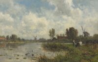 Willem Roelofs: Hollands polderlandschap met molens