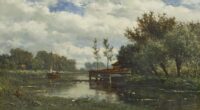 Willem Roelofs: Rivierlandschap met boothuisje