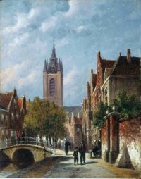 Petrus Gerardus Vertin: Wandelen over de gracht in Delft op een zomerse dag
