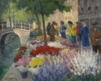 Arie Wassenburg: Vrouwen bij een bloemenstal in Delft
