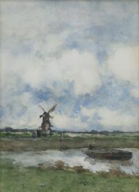 Hendrik Johannes Weissenbruch: Polderlandschap met molen en praam