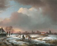 Andreas Schelfhout: Winterlandschap met figuren op een bevroren vaart