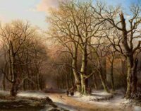 Everardus Benedictus Gregorius Pagano Mirani: Winters bosgezicht met houtsprokkelaars
