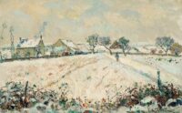 Emmanuel de la Villéon: Winters landschap met wandelaar en besneeuwde huisjes