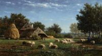 Willem Roelofs: Zomers landschap met schapen en herder bij een boerderij