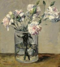 Emanuel van Beever: Roze bloemen in een glazen vaas