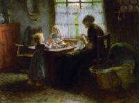 Bernardus Johannes Blommers: Interieur met een moeder en haar twee kinderen