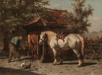 Willem Boogaard: Twee paarden bij de hoefsmid