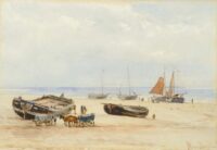 Jan Willem van Borselen: Strandgezicht met platbodems en vissersvolk