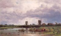 Jan Willem van Borselen: Waterrijk zomerlandschap met molens en figuren in een bootje