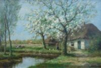 Cor Bouter: Bloeiende boomgaard bij een boerderij